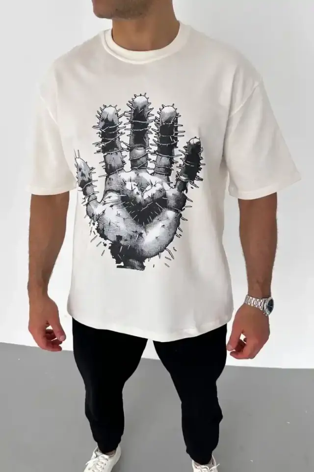 Erkek Baskılı T-Shirt Kısa Kol Bisiklet Yaka Regular Fit Rahat Kalıp Günlük Tişört - Beyaz