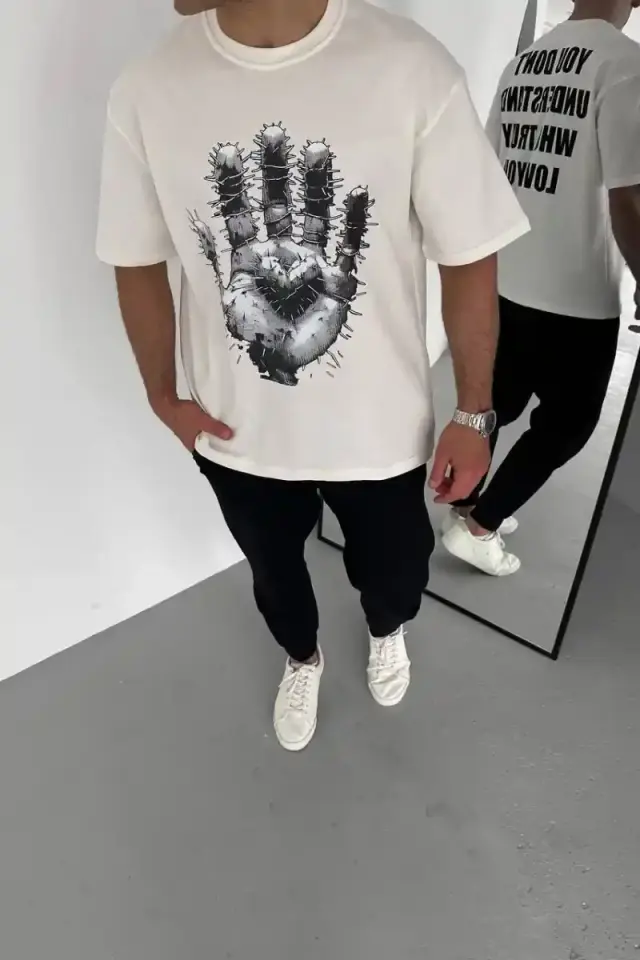 Erkek Baskılı T-Shirt Kısa Kol Bisiklet Yaka Regular Fit Rahat Kalıp Günlük Tişört - Beyaz