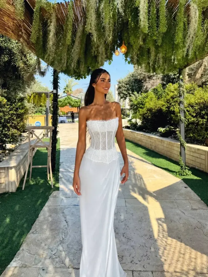 Gown Dantel Büstiyer & Saten Etek Takım Beyaz