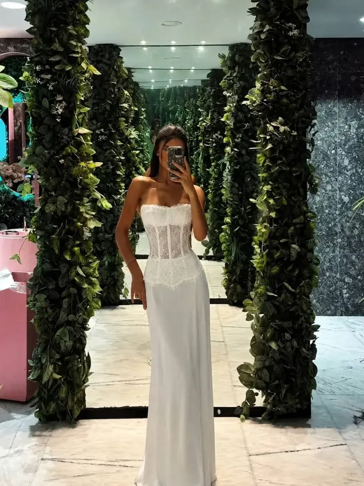 Gown Dantel Büstiyer & Saten Etek Takım Beyaz