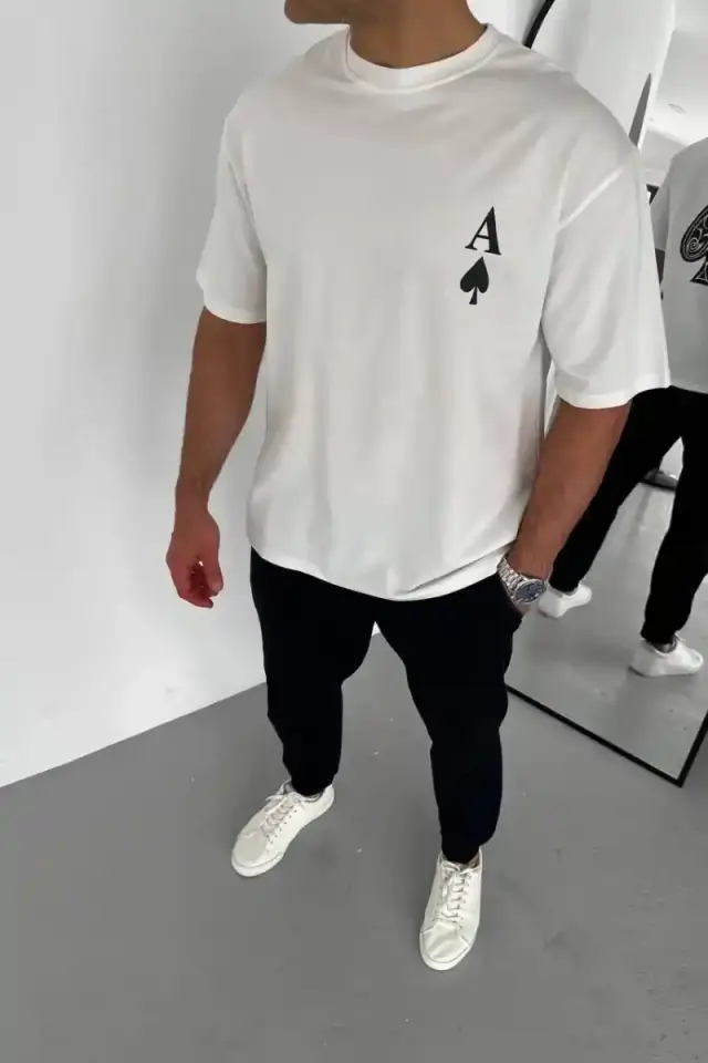 Erkek Baskılı T-Shirt Kısa Kol Bisiklet Yaka Regular Fit Rahat Kalıp Günlük Tişört - Beyaz