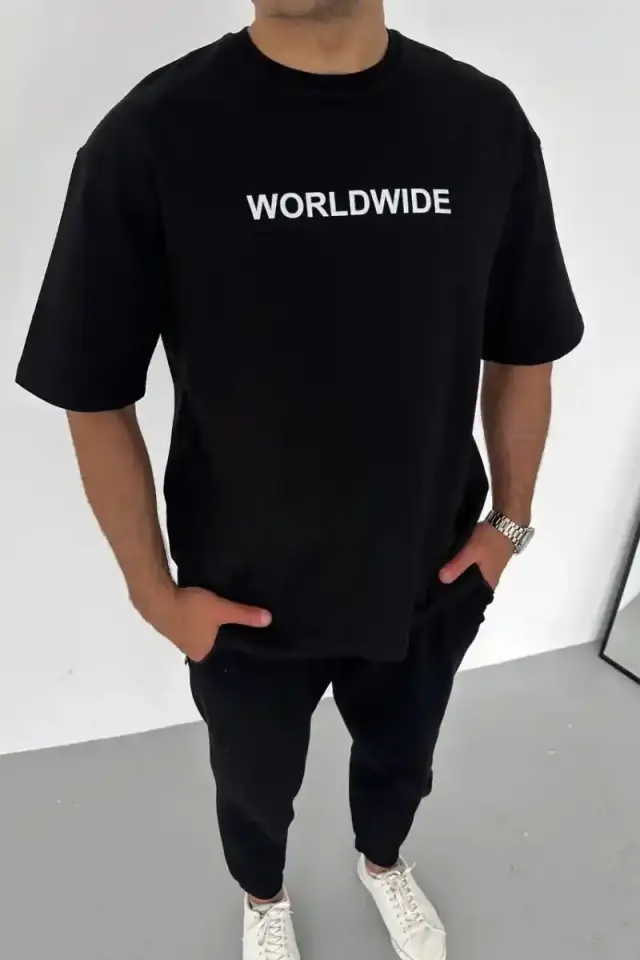 Erkek Baskılı T-Shirt Kısa Kol Bisiklet Yaka Regular Fit Rahat Kalıp Günlük Tişört - Siyah