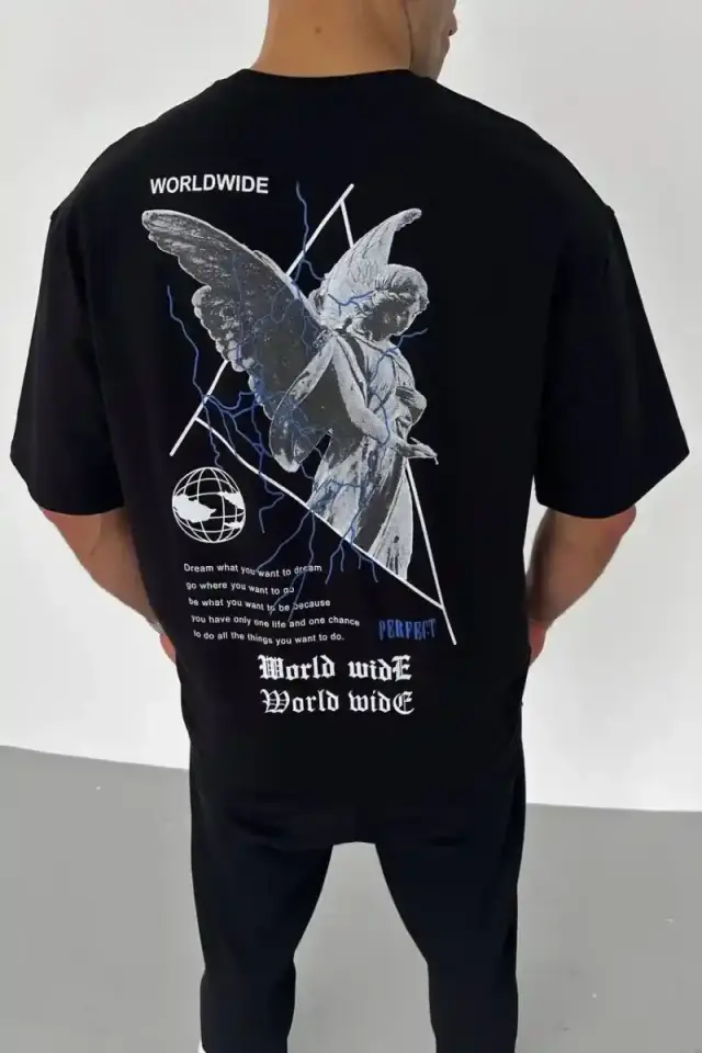 Erkek Baskılı T-Shirt Kısa Kol Bisiklet Yaka Regular Fit Rahat Kalıp Günlük Tişört - Siyah