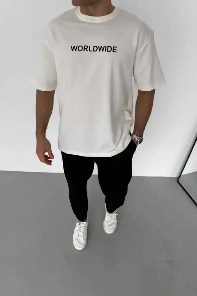 Erkek Yazlık Baskılı Tişört Bisiklet Yaka Kısa Kol Regular Fit T-Shirt - Beyaz