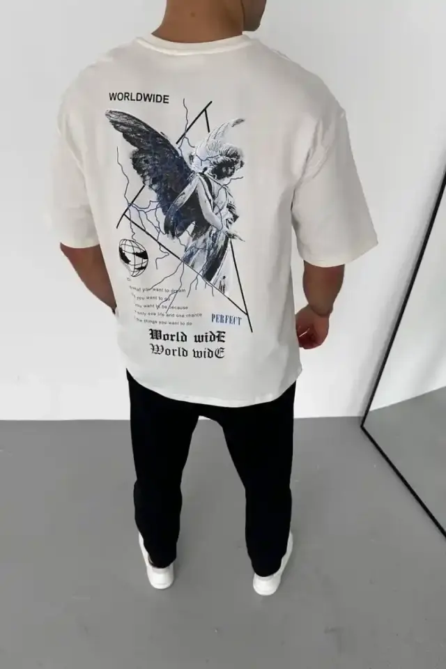 Erkek Yazlık Baskılı Tişört Bisiklet Yaka Kısa Kol Regular Fit T-Shirt - Beyaz