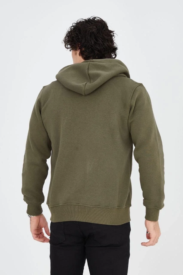 Erkek 3 İplik Pamuklu Fermuarlı Kapüşonlu Kanguru Cepli Baskılı Hoodie - Yeşil