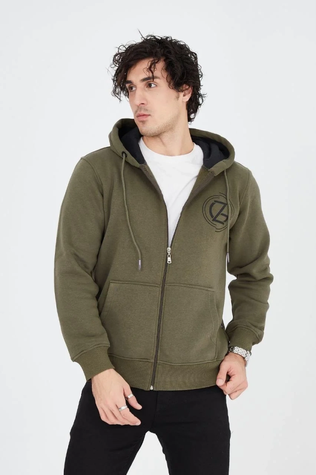 Erkek 3 İplik Pamuklu Fermuarlı Kapüşonlu Kanguru Cepli Baskılı Hoodie - Yeşil