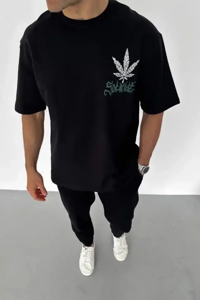Erkek Baskılı T-Shirt Kısa Kol Bisiklet Yaka Regular Fit Rahat Kalıp Günlük Tişört - Siyah