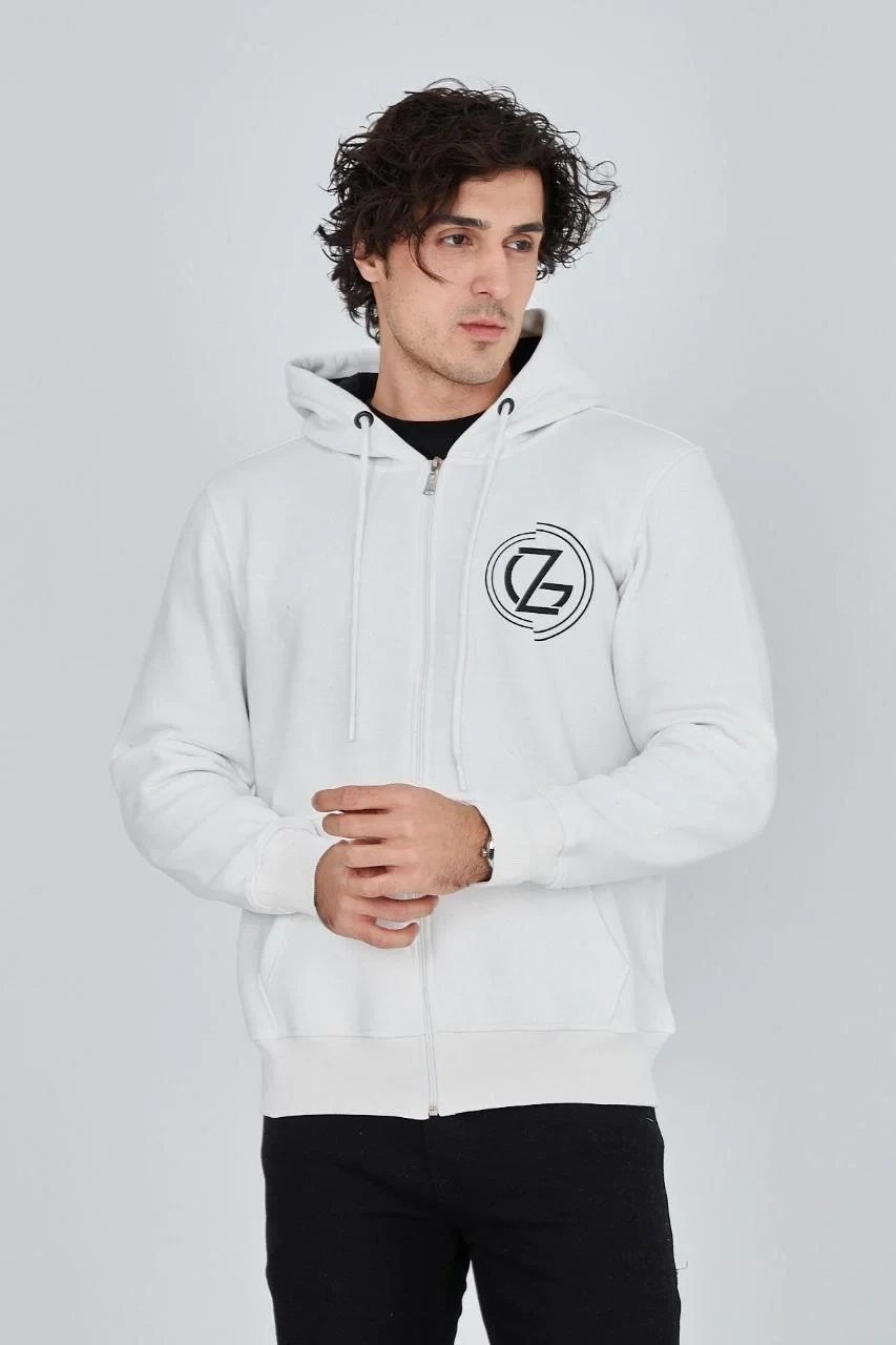 Erkek 3 İplik Pamuklu Fermuarlı Kapüşonlu Kanguru Cepli Baskılı Hoodie - Beyaz