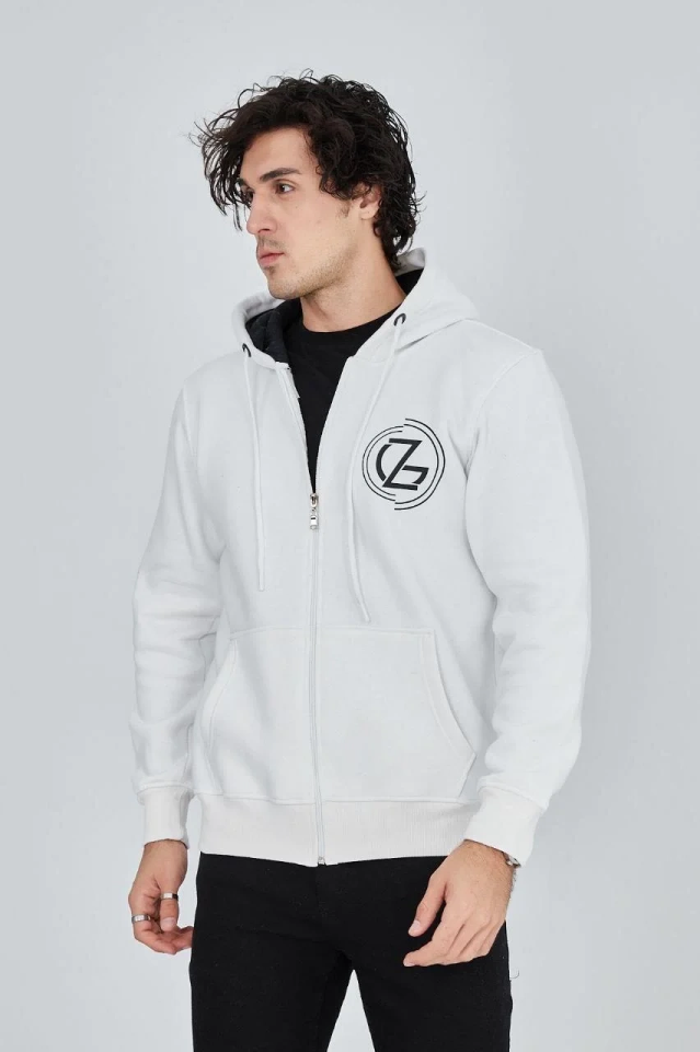 Erkek 3 İplik Pamuklu Fermuarlı Kapüşonlu Kanguru Cepli Baskılı Hoodie - Beyaz