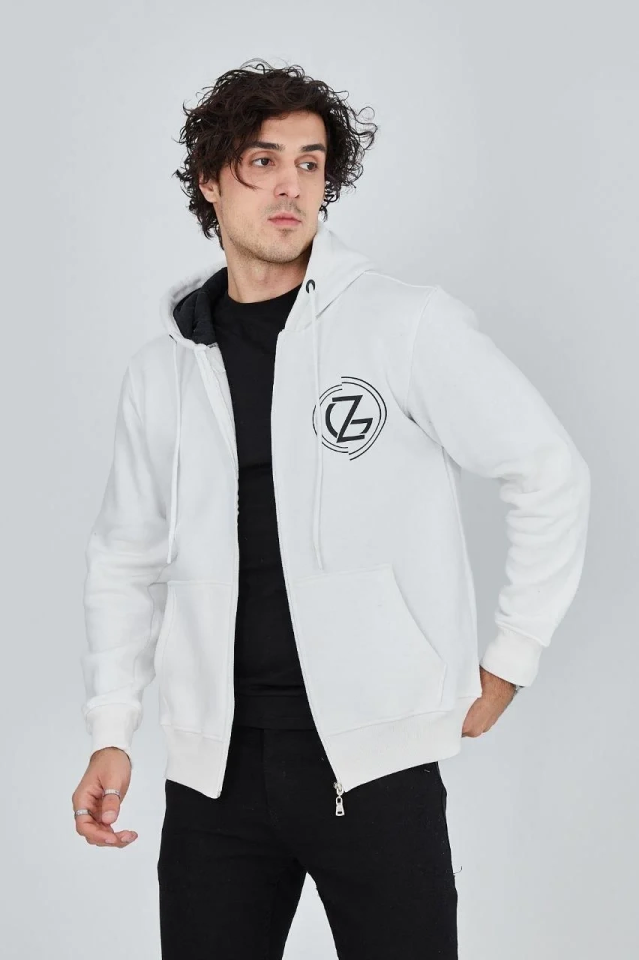 Erkek 3 İplik Pamuklu Fermuarlı Kapüşonlu Kanguru Cepli Baskılı Hoodie - Beyaz