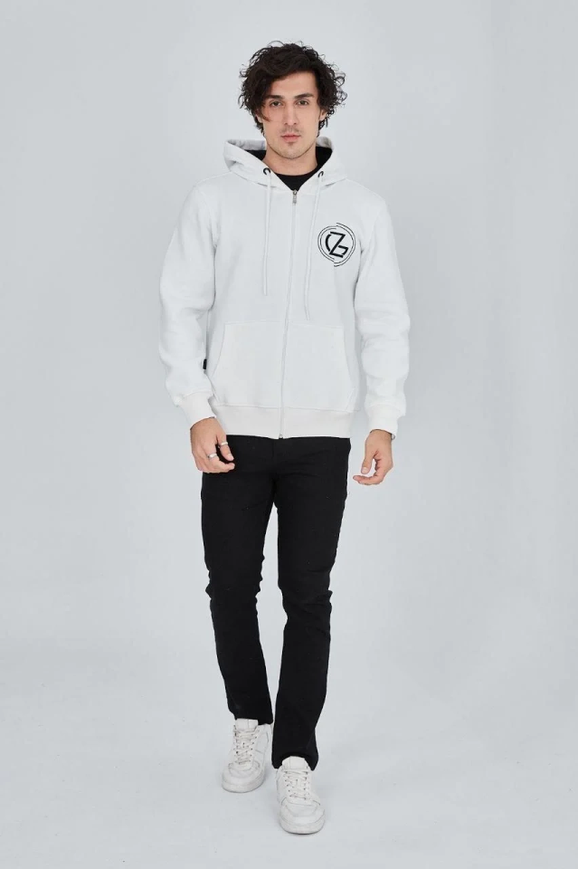 Erkek 3 İplik Pamuklu Fermuarlı Kapüşonlu Kanguru Cepli Baskılı Hoodie - Beyaz