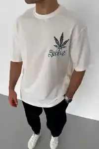 Erkek Baskılı T-Shirt Kısa Kol Bisiklet Yaka Regular Fit Rahat Kalıp Günlük Tişört - Beyaz