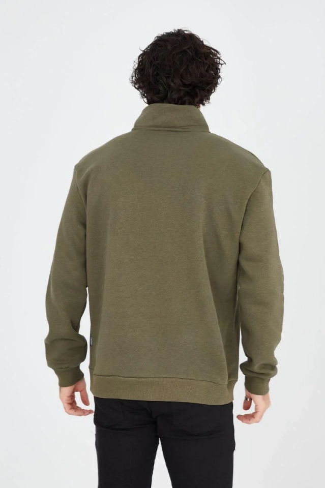Erkek Yarım Fermuarlı Baskılı 3 iplik pamuklu sweatshirt - Yeşil