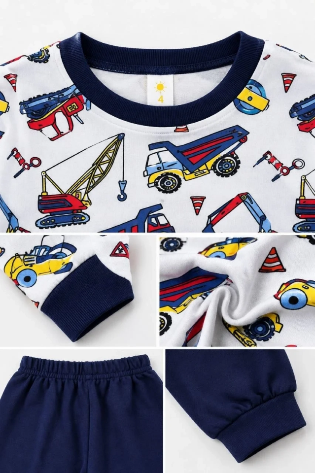 Erkek Çocuk Premium Penye İş Makinesi Desenli Uzun Kollu Pijama Takımı 2-11 Yaş - Lacivert