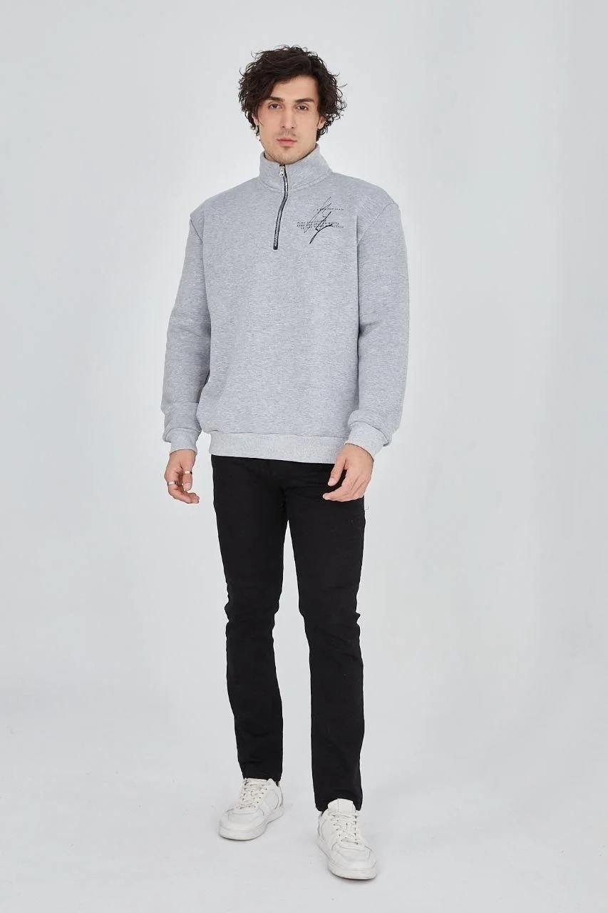 Erkek Yarım Fermuarlı Baskılı 3 iplik pamuklu sweatshirt - Gri