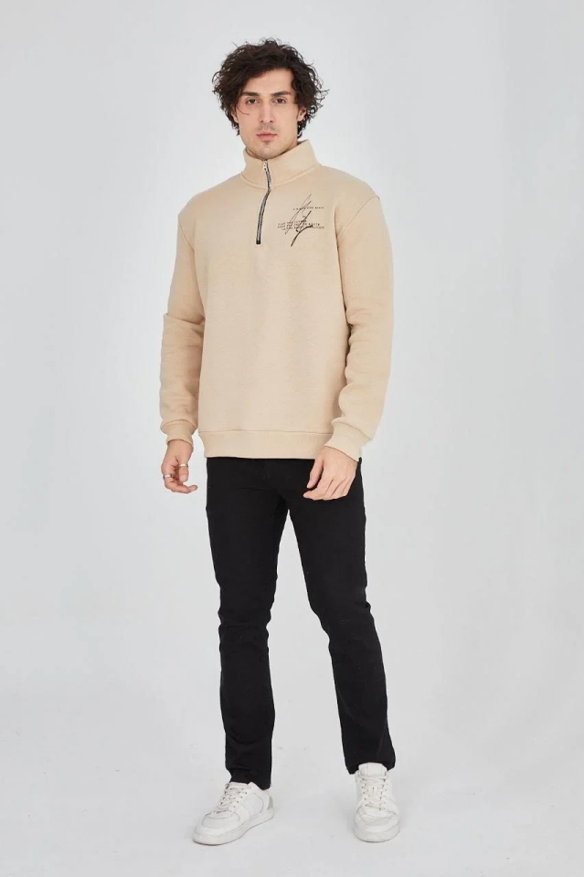 Erkek Yarım Fermuarlı Baskılı 3 iplik pamuklu sweatshirt - Bej