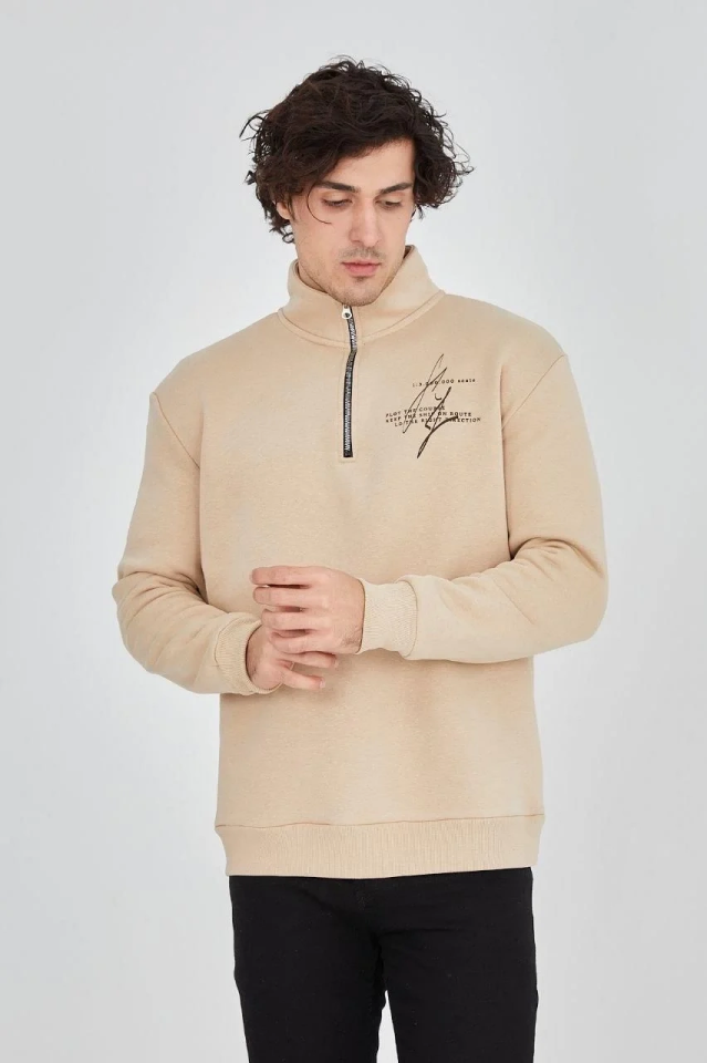 Erkek Yarım Fermuarlı Baskılı 3 iplik pamuklu sweatshirt - Bej