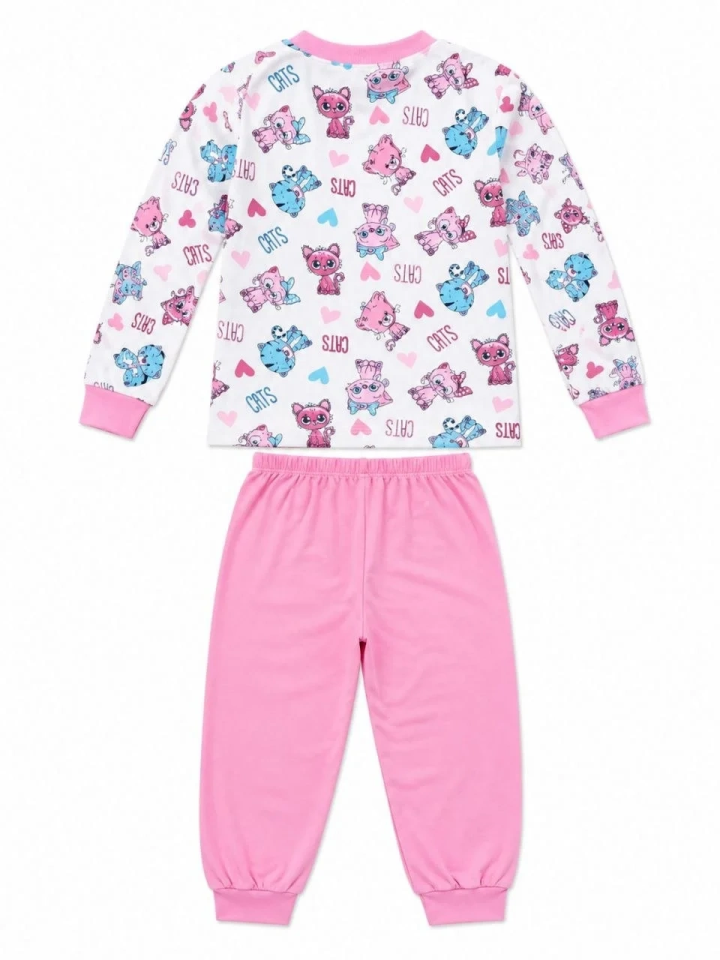 Kız Çocuk Premium Penye Kedi Desenli Uzun Kollu Pijama Takımı 2-11 Yaş - Pembe