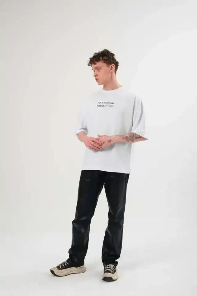 Erkek Baskılı T-Shirt Kısa Kol Bisiklet Yaka Regular Fit Rahat Kalıp Günlük Tişört - Beyaz