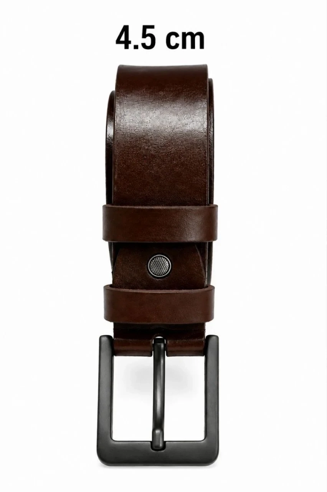 Erkek Hakiki Deri 4.5 cm Kot ve Kumaş Pantolon Kemeri Metal Tokalı Kahverengi