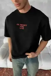 Erkek Ön ve Arka Baskılı T-Shirt Kısa Kol Bisiklet Yaka Regular Fit Tişört - Siyah