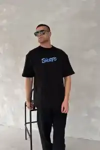 Erkek Ön ve Arka Baskılı T-Shirt Kısa Kol Bisiklet Yaka Regular Fit Tişört - Siyah