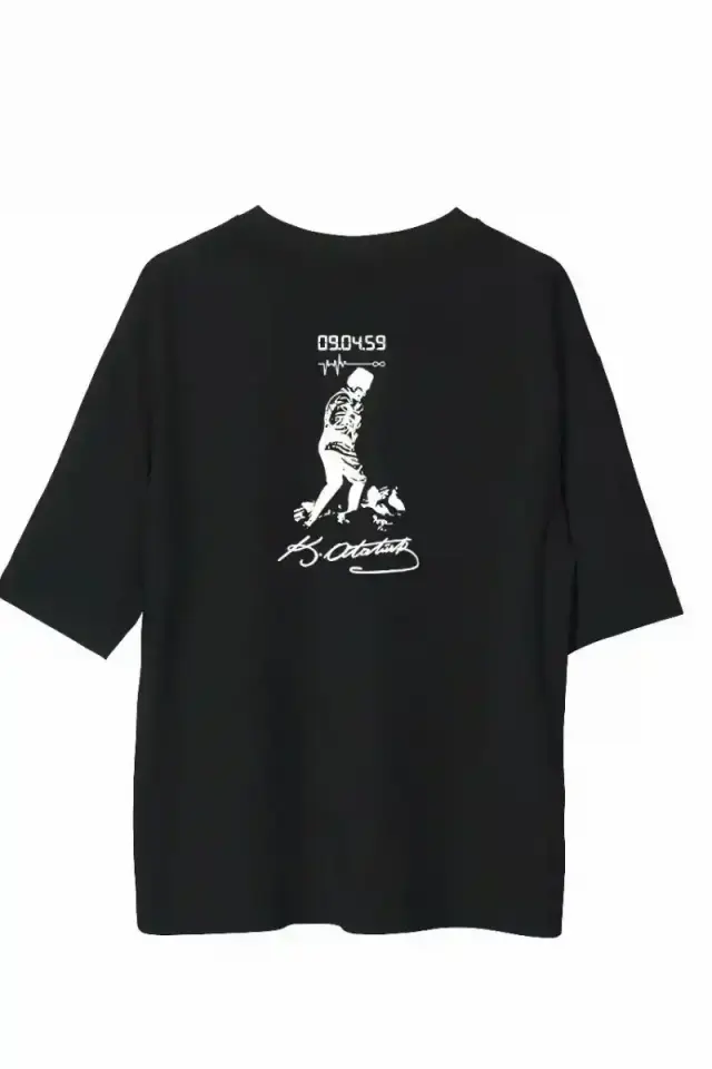 Erkek Kısa Kol Tişört Bisiklet Yaka ATATÜRK Baskılı T-Shirt - Siyah