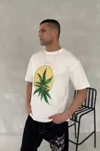 Erkek Kısa Kol Yazlık Tişört Bisiklet Yaka Baskılı Oversize T-Shirt - Beyaz
