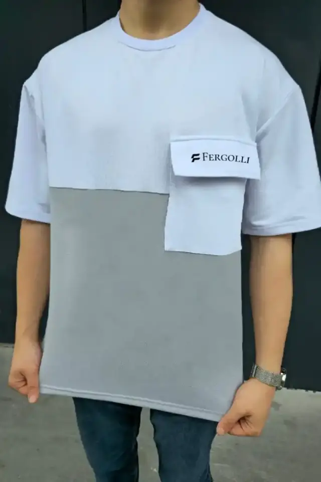 ERKEK Tişört Torba Cepli Parçalı Kısa Kol T-Shirt - Gri