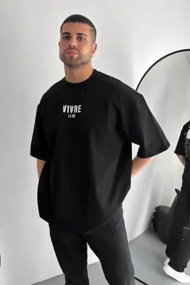 Erkek Ön ve Arka Baskılı T-Shirt Kısa Kol Bisiklet Yaka Regular Fit Tişört -  Siyah