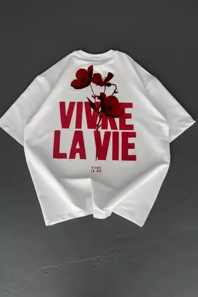 Erkek Ön ve Arka Baskılı T-Shirt Kısa Kol Bisiklet Yaka Regular Fit Tişört - Beyaz