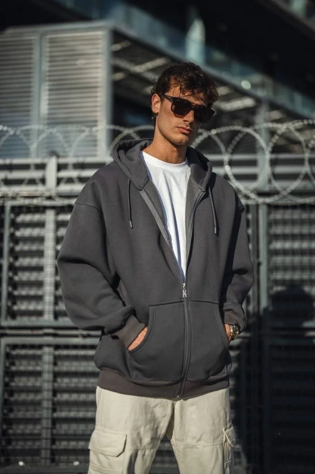 Erkek Tam Fermuarlı Cepli Kapüşonlu 3 iplik pamuklu hoodie Sweatshirt - Füme