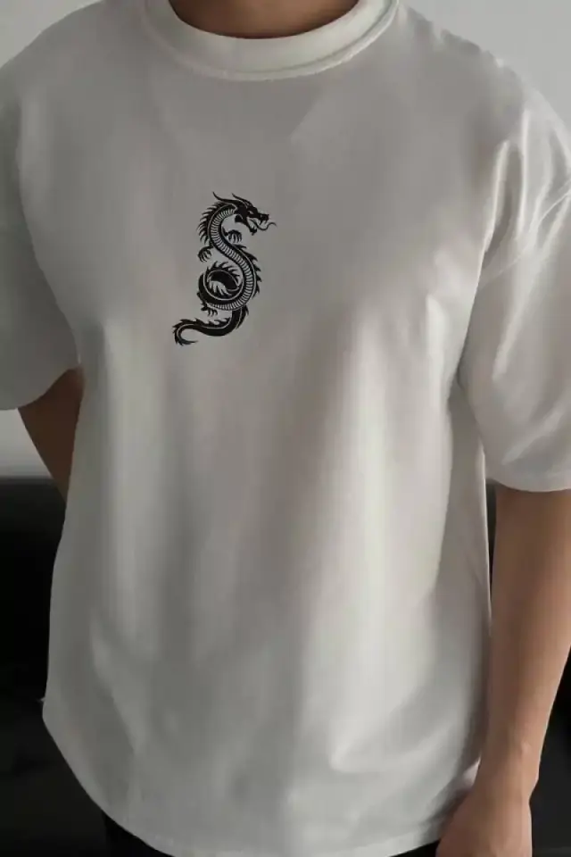 Erkek Ön ve Arka Baskılı T-Shirt Kısa Kol Bisiklet Yaka Regular Fit Tişört -  Beyaz