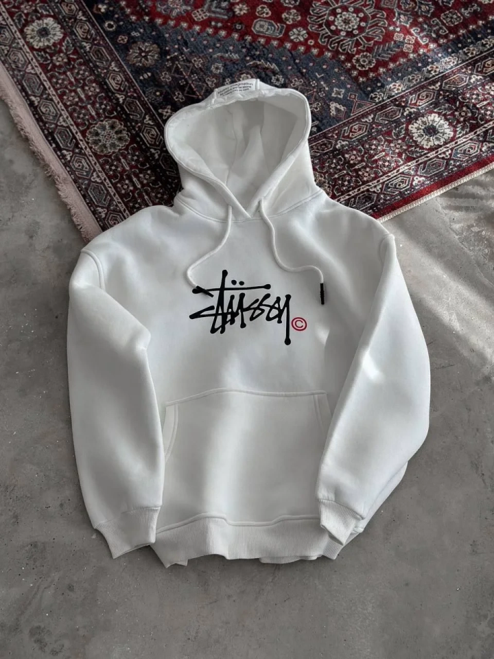 Kadın Oversize Kapüşonlu Cepli Baskılı 3 İplik Pamuklu Hoodie Sweatshirt - Beyaz