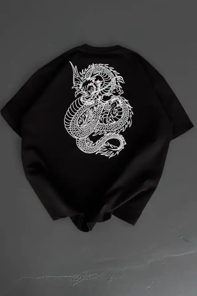 Erkek Ön ve Arka Baskılı T-Shirt Kısa Kol Bisiklet Yaka Regular Fit Tişört - Siyah