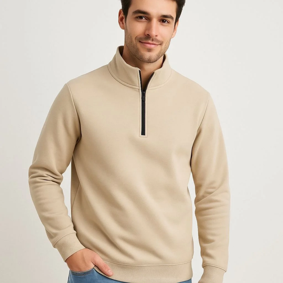 Erkek Dik Yaka Sweatshirt Dik Yaka Yarım Fermuarlı 3 İplik Pamuk Kumaş - Bej