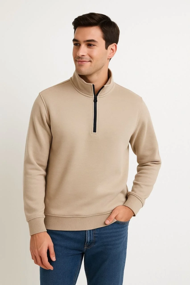 Erkek Dik Yaka Sweatshirt Dik Yaka Yarım Fermuarlı 3 İplik Pamuk Kumaş - Bej
