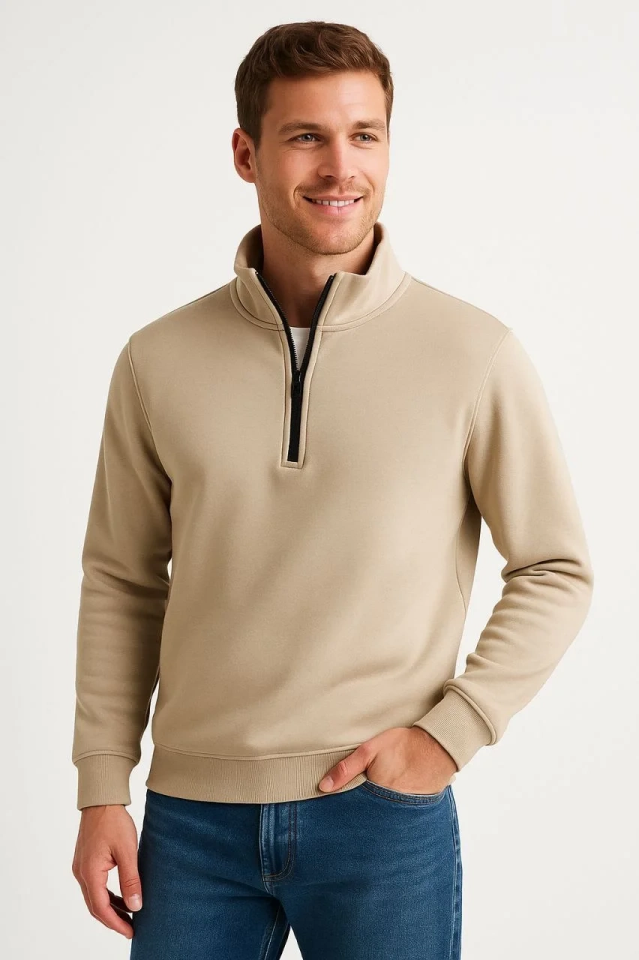 Erkek Dik Yaka Sweatshirt Dik Yaka Yarım Fermuarlı 3 İplik Pamuk Kumaş - Bej