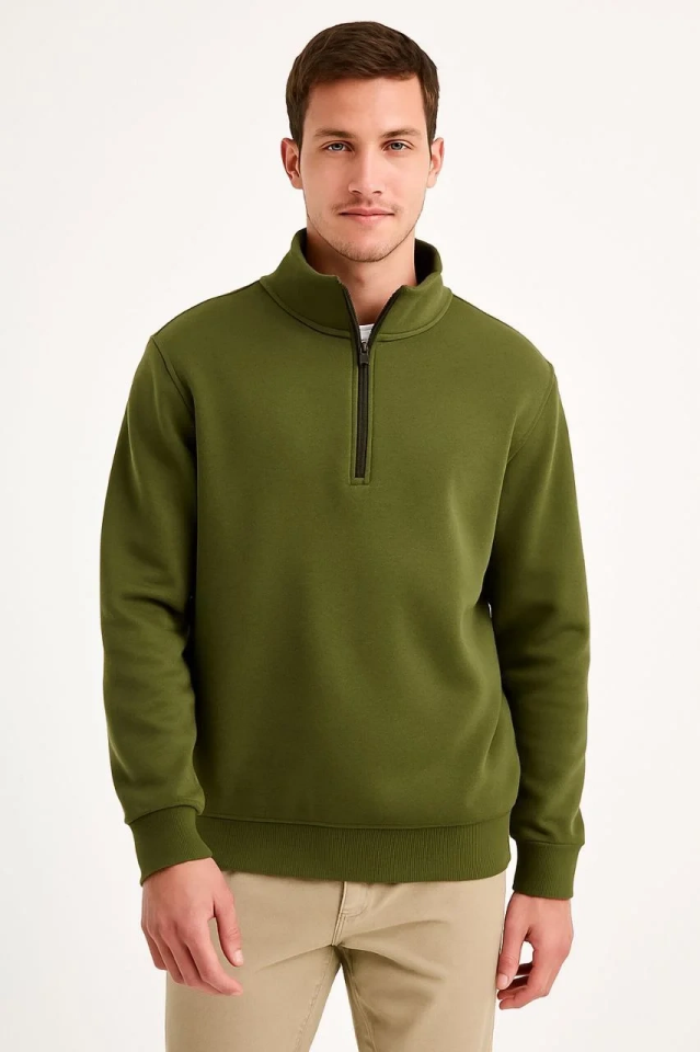 Erkek Dik Yaka Sweatshirt Dik Yaka Yarım Fermuarlı 3 İplik Şardonlu Pamuk Kumaş - Haki