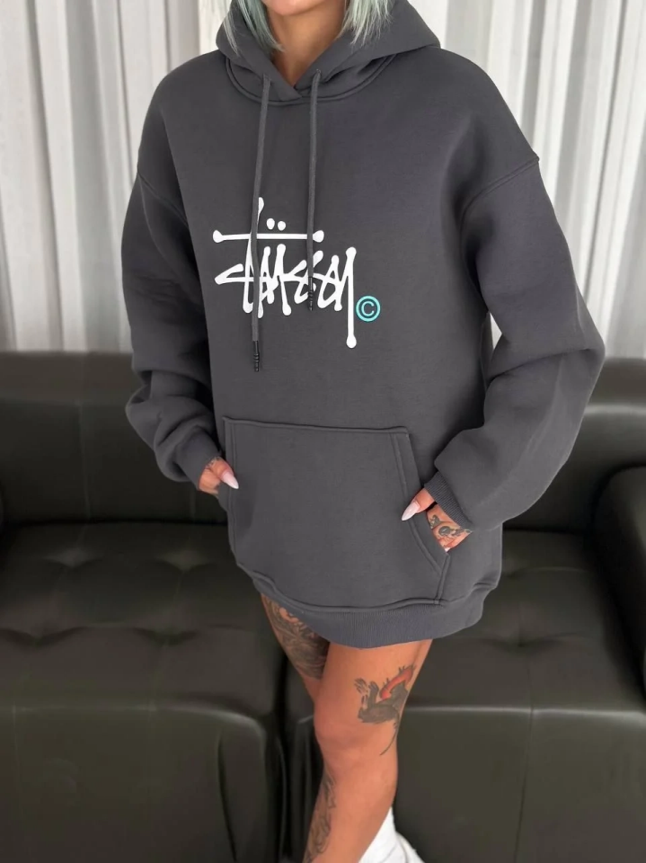 Kadın Oversize Kapüşonlu Cepli Baskılı 3 İplik Pamuklu Hoodie Sweatshirt - Füme