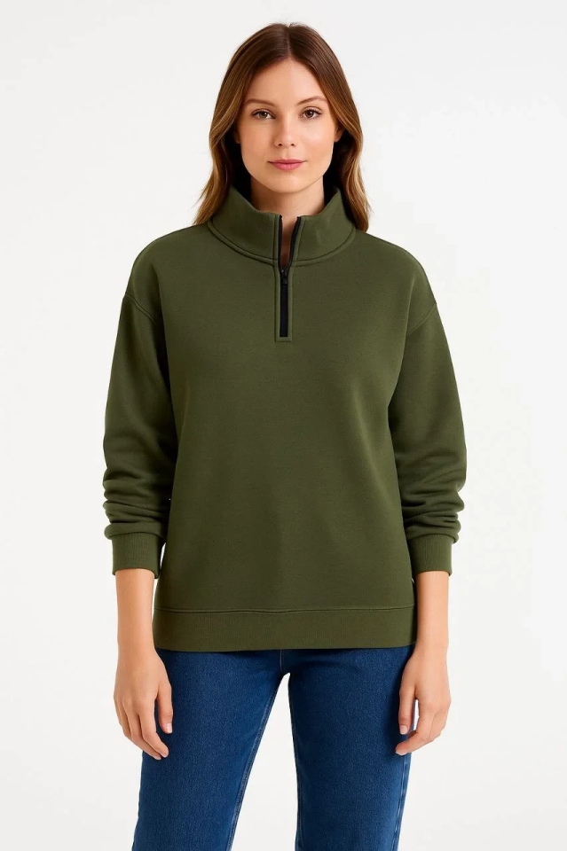Kadın 3 iplik Dık Yaka Yarım Fermuarlı SweatShirt - Haki