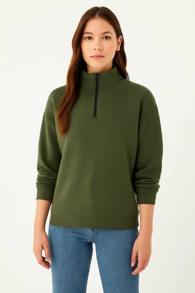 Kadın 3 iplik Dık Yaka Yarım Fermuarlı SweatShirt - Haki