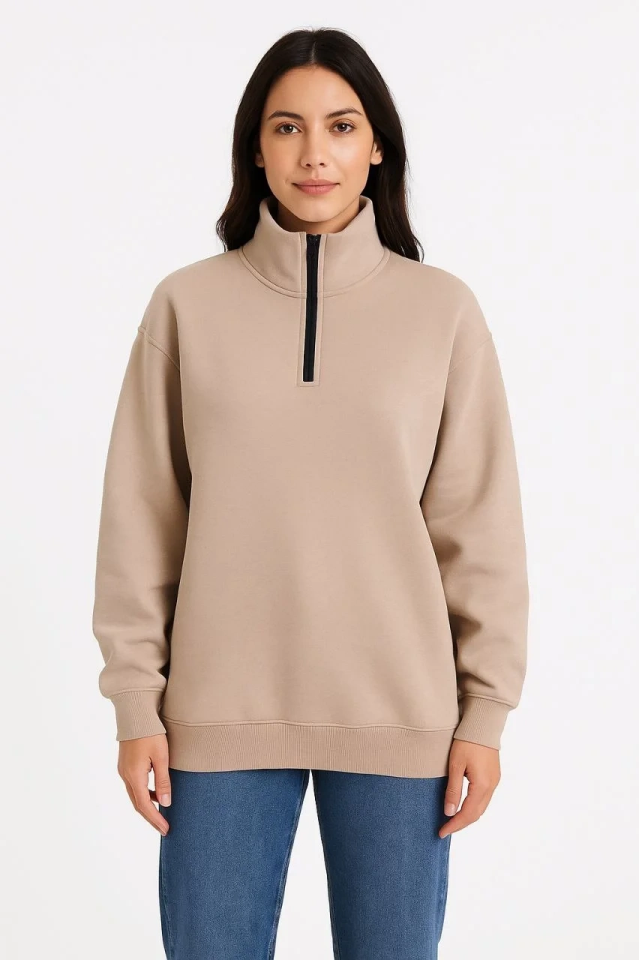 Kadın 3 İplik Dık Yaka Yarım Fermuarlı SweatShirt - Bej