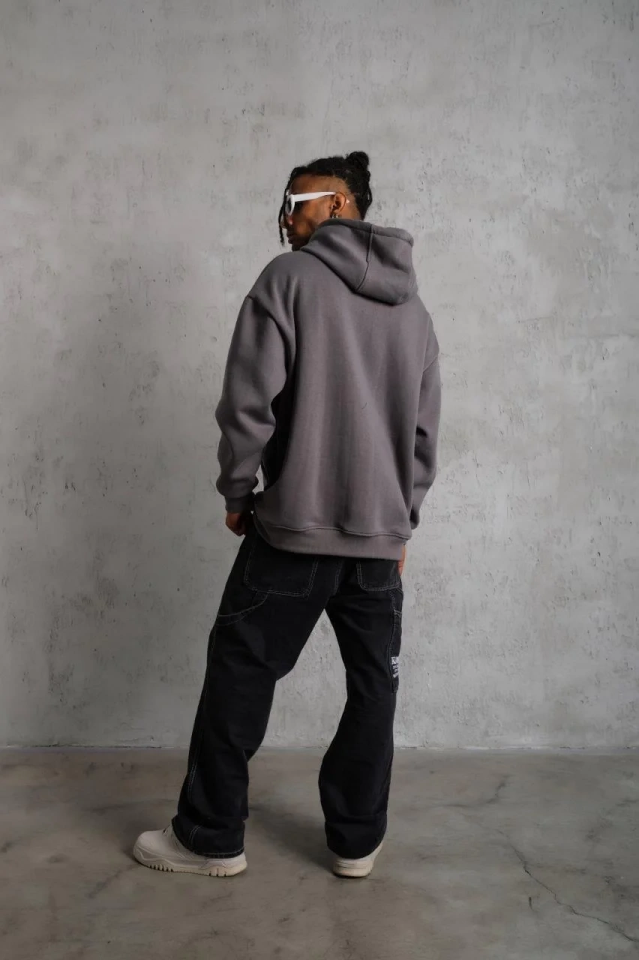 Erkek 3 İplik Pamuklu Kapüşonlu Kanguru Cepli Sweatshirt Hoodie - Gri