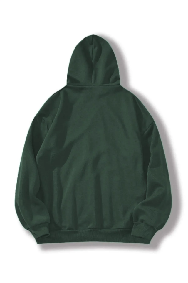 Erkek 3 İplik Pamuklu Kapüşonlu Kanguru Cepli Sweatshirt Hoodie - Koyu Yeşil