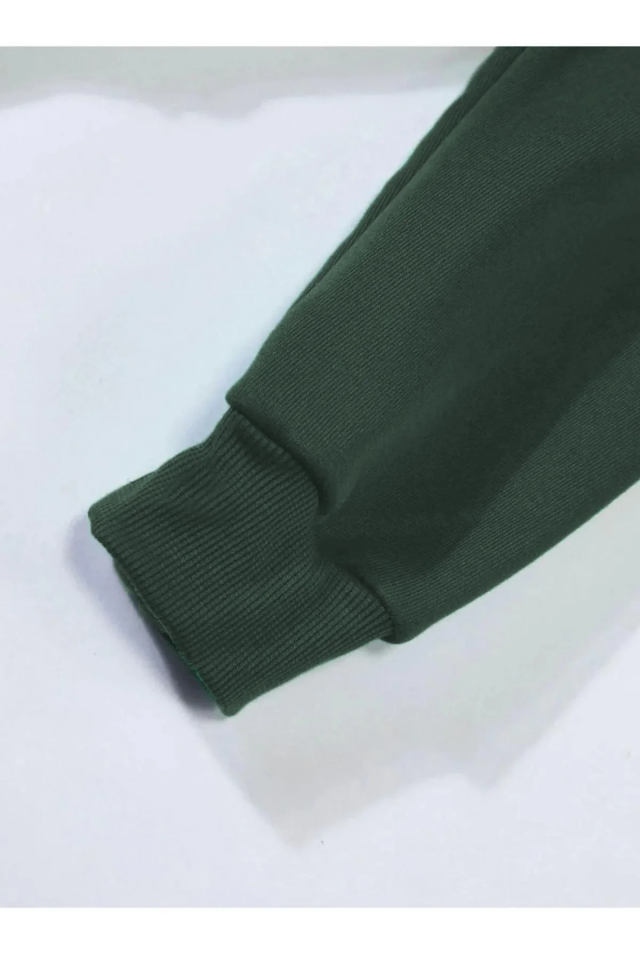 Erkek 3 İplik Pamuklu Kapüşonlu Kanguru Cepli Sweatshirt Hoodie - Koyu Yeşil
