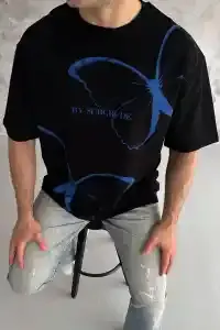Erkek Kısa Kol Yazlık Tişört Bisiklet Yaka Baskılı Oversize T-Shirt - Siyah