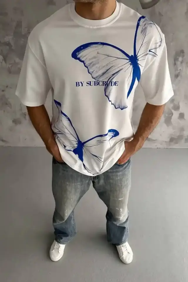 Erkek Kısa Kol Yazlık Tişört Bisiklet Yaka Baskılı Oversize T-Shirt - Beyaz