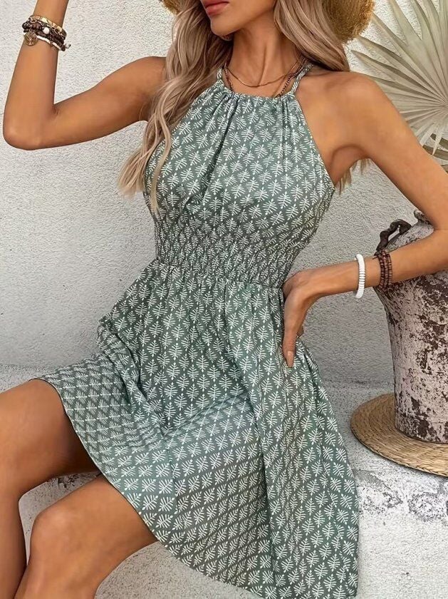 Kadın Omuzlardan Açık Boyun Arkasından Bağcıklı Beli Lastikli Kısa Süprem Elbise